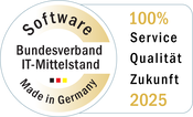 Badge, Software Made in Germany, Bundesverband IT-Mittelstand, 100% Service Qualität Zukunft 2025